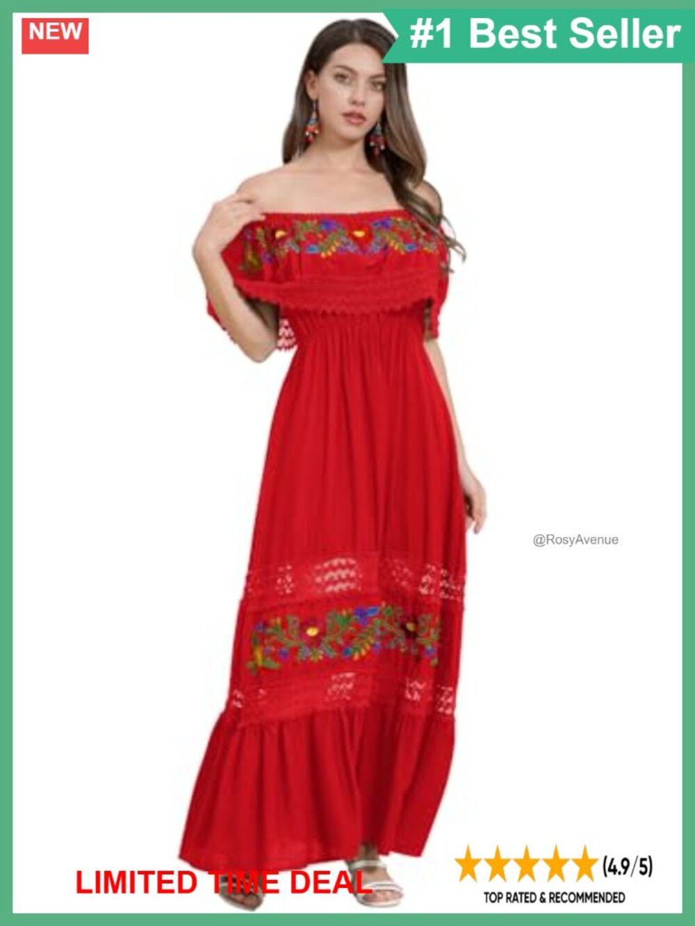 Mexican Floral Embroidery Off-Shoulder Maxi Dress Ruffle Sleeveless Fiesta